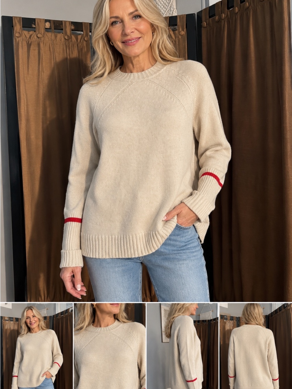 Cream Crewneck Sweater with Red Sleeve Stripe